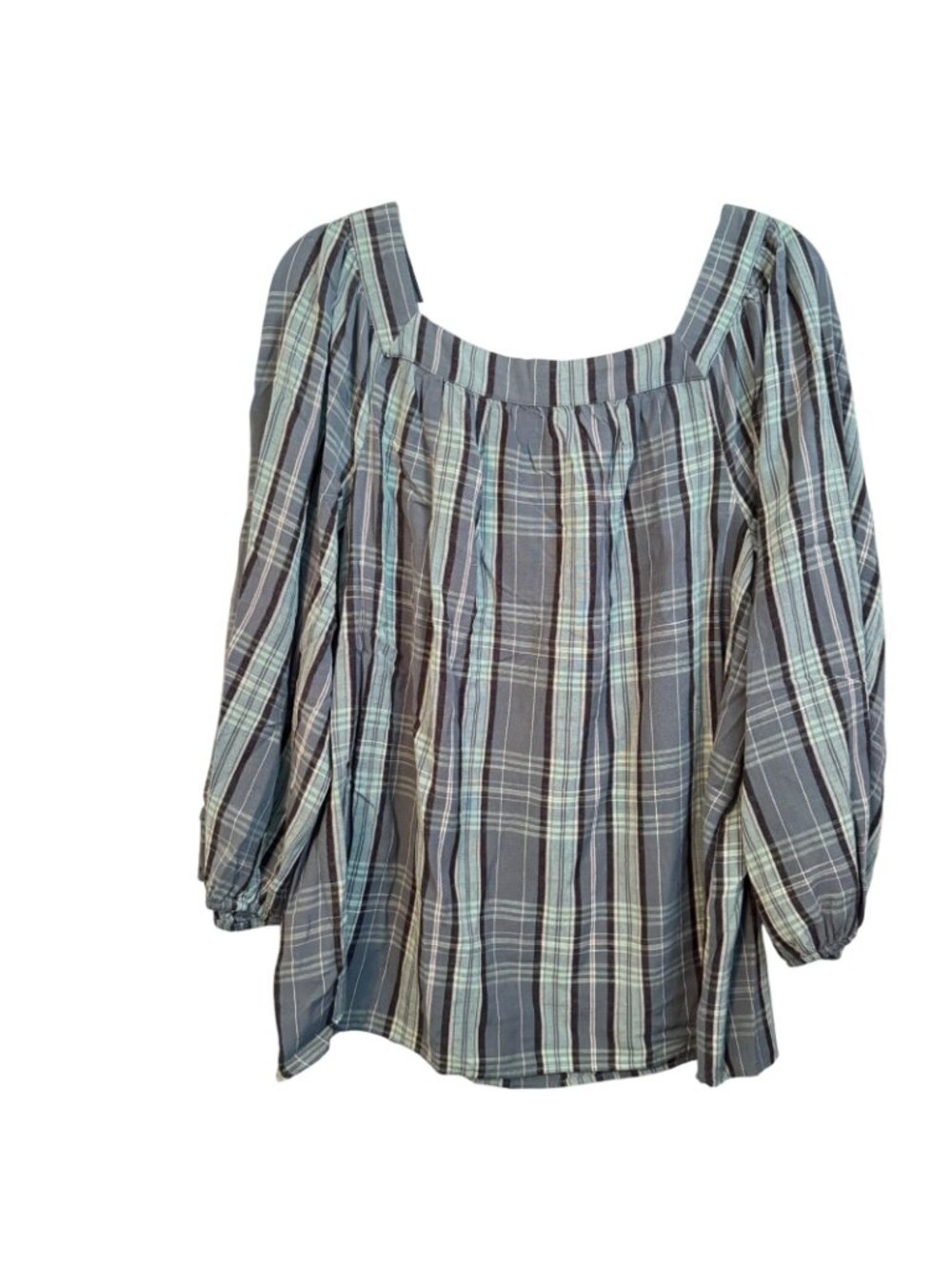 Lauren Conrad Sz L Plaid Square Neck Blouse Long Sleeve Lightweight Blouse - Picture 11 of 12